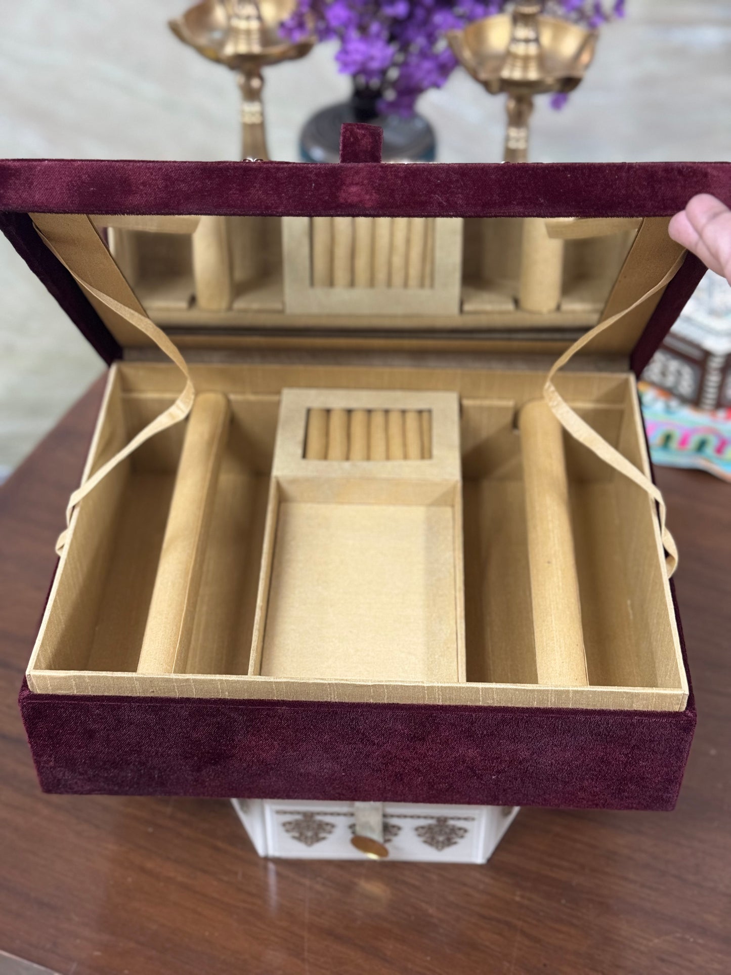 Handcrafted Embroidered Bangle Box with Mirror & Jewelry Tray | Customizable Wedding Gift