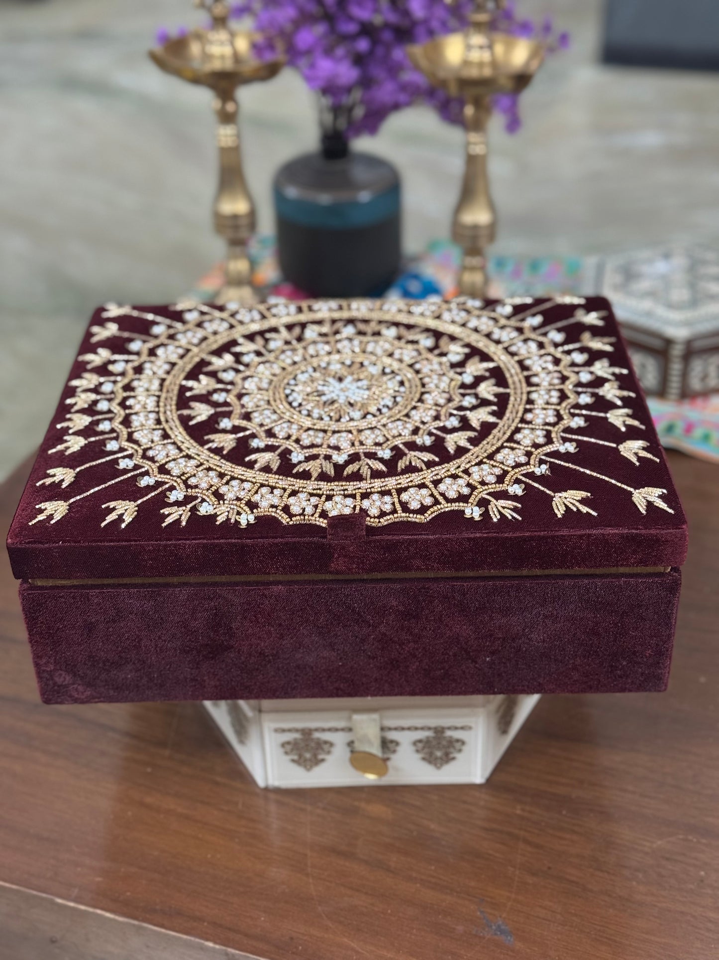 Handcrafted Embroidered Bangle Box with Mirror & Jewelry Tray | Customizable Wedding Gift