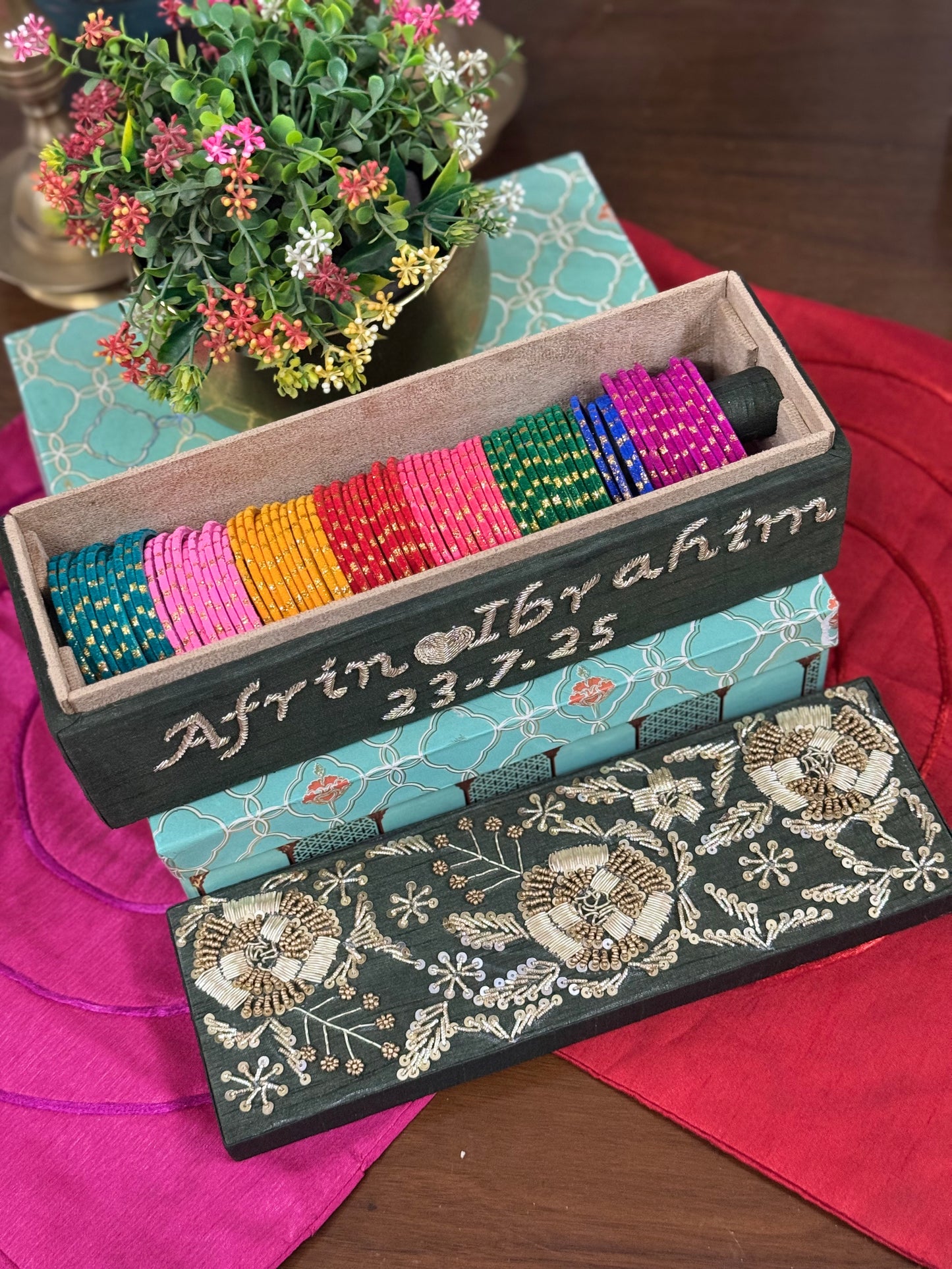 Customized Single Rod Bangle Box with Beautiful Embroidery - Personalized