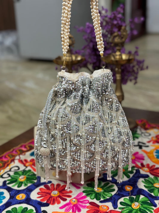 Silver Sequin Potli Bag with Pearl Handle & Tassel Details for Wedding | Handcrafted Bridal Clutch