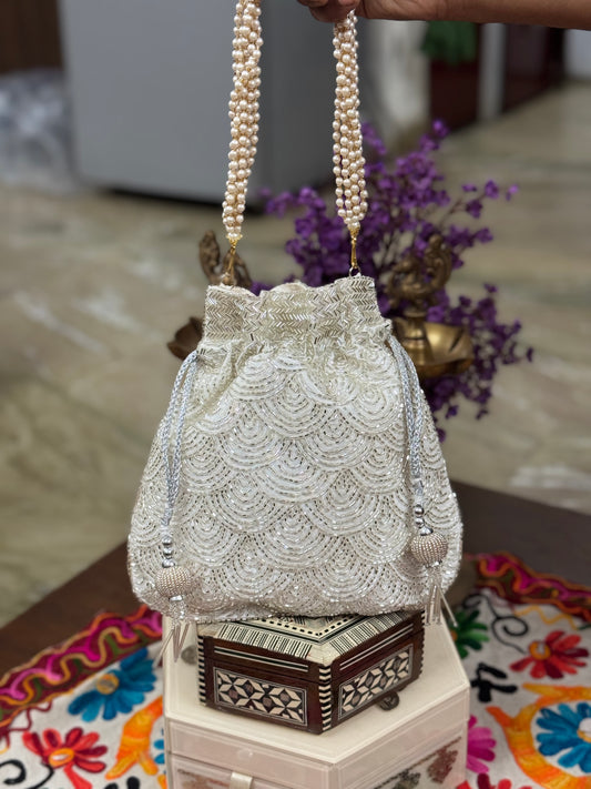 Silver Embroidered Potli Bag with Pearl Handle for Wedding & Festive Occasions | Handcrafted Bridal Clutch
