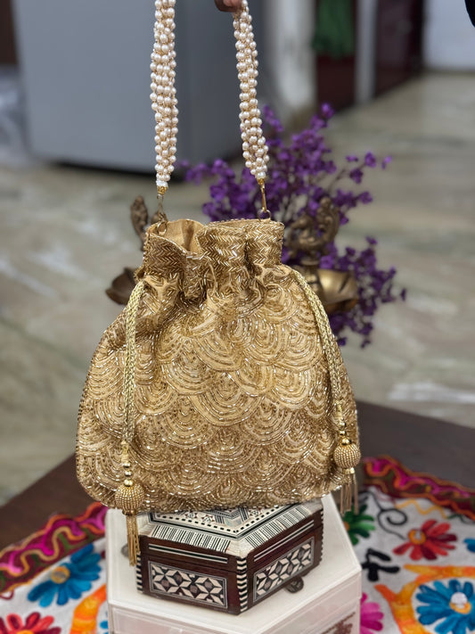 Gold Embroidered Potli Bag with Pearl Handle for Wedding & Festive Occasions | Handcrafted Bridal Clutch