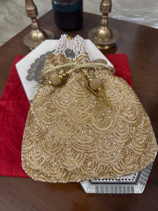 Gold Embroidered Potli Bag with Pearl Handle for Wedding & Festive Occasions | Handcrafted Bridal Clutch