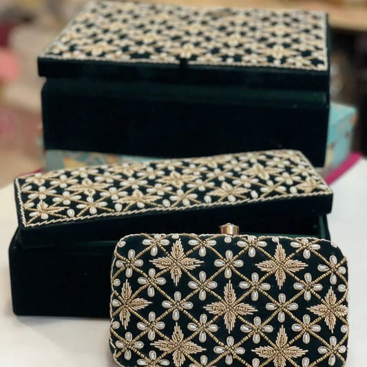 Customizable Hand Embroidered Combo Set - Jewellery Box, Choora Box & Clutch