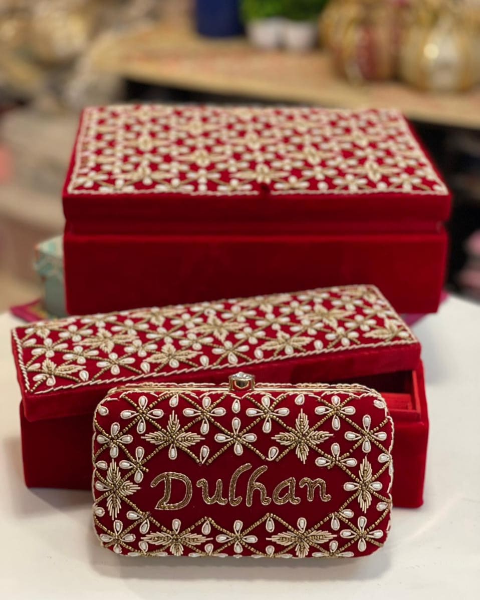Customizable Hand Embroidered Combo Set - Jewellery Box, Choora Box & Clutch