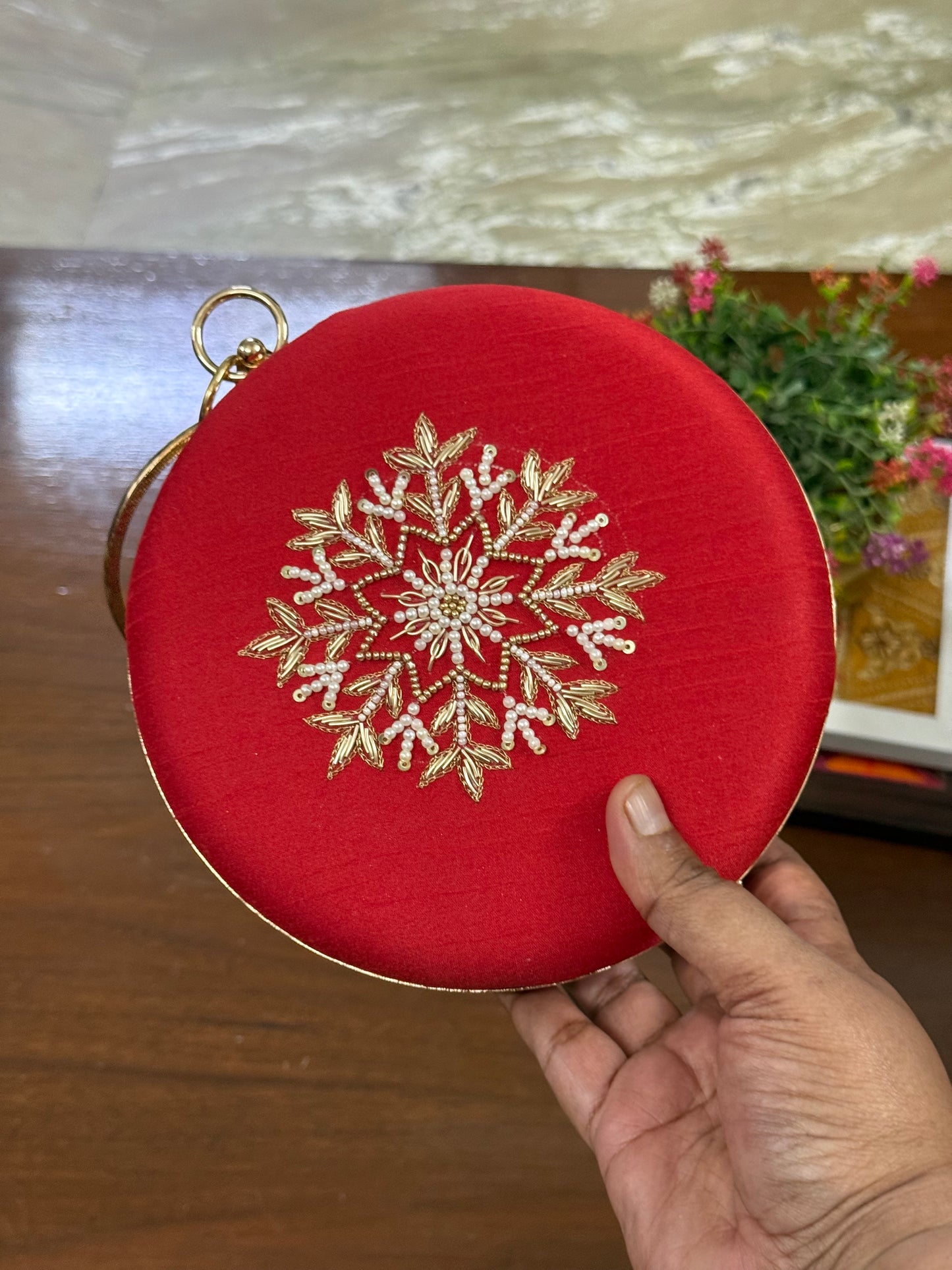 Hand Embroidered Kathakali Face Round Clutch | Traditional Art Clutch in Red & White