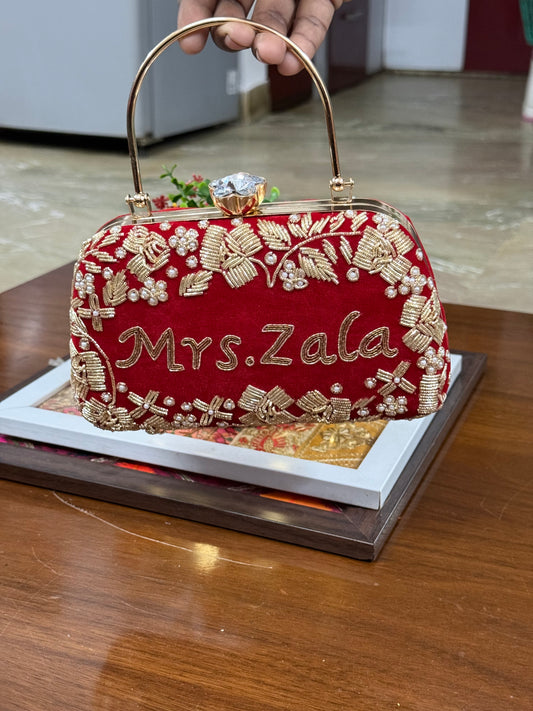 Customized Box Clutch with Gold Embroidery on Both Sides | Fitted Handle & Chain
