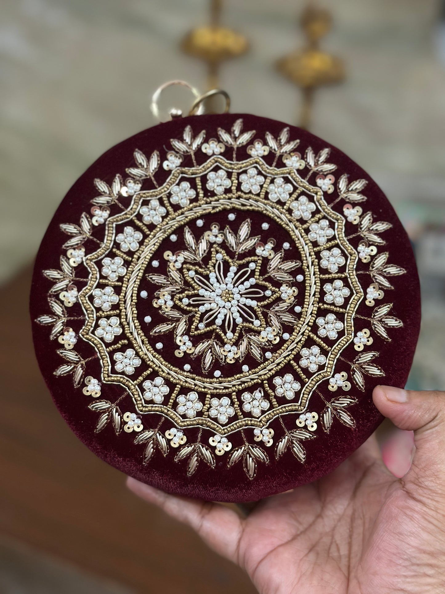 Mandala design embroidered clutch