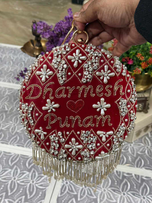 Customized Round Clutch with Pearl & Crystal Embroidery on Both Sides | Chain & Bangle Handle with Tassel