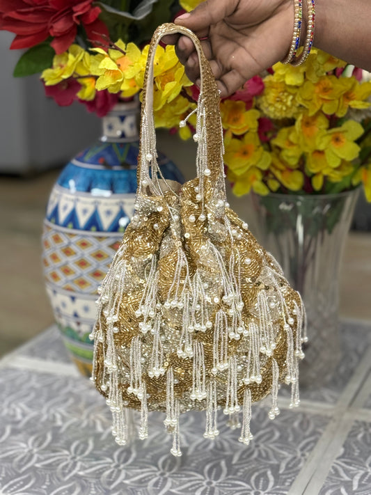 Gold & Silver Beaded Potli Bag with Pearl Tassel Fringe | Handcrafted Wedding Clutch
