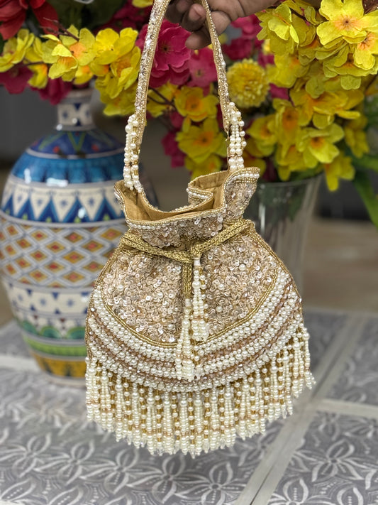 Gold & Silver Sequin Potli Bag with Pearl Beaded Fringe | Handcrafted Wedding Clutch