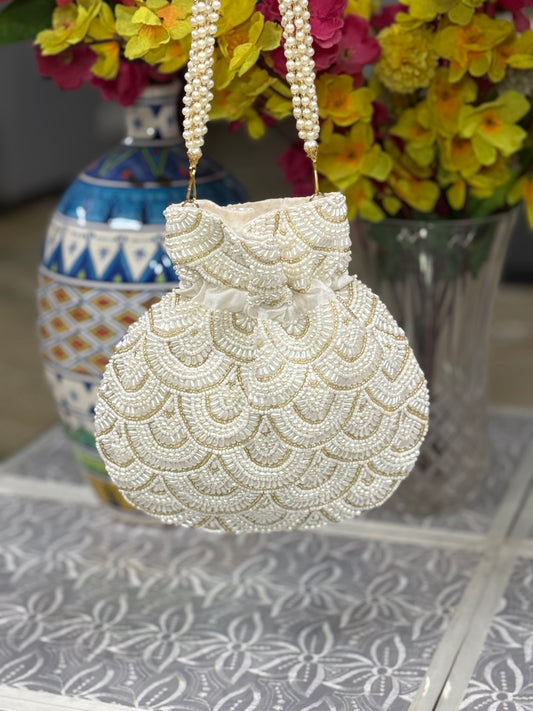 White Pearl Embroidered Potli Bag with Scalloped Pattern & Pearl Handle | Handcrafted Bridal Clutch