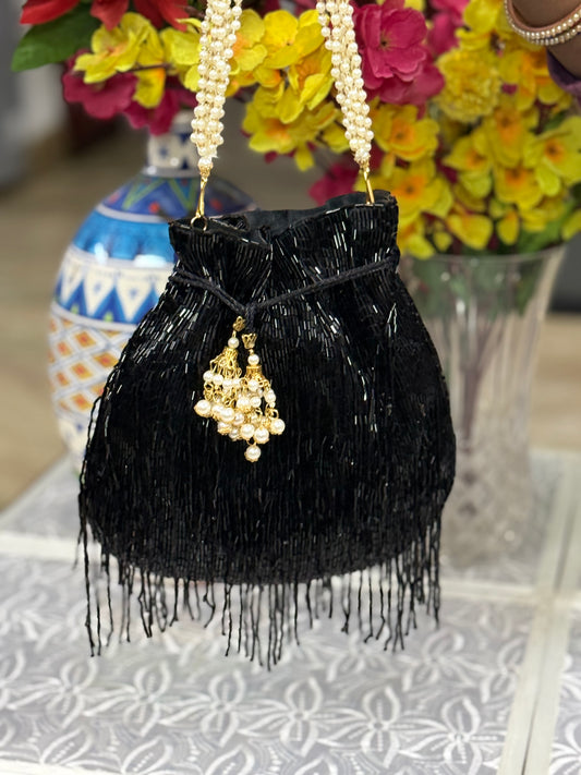 Black Beaded Potli Bag with Pearl Handle & Fringe Details for Wedding | Handcrafted Evening Clutch