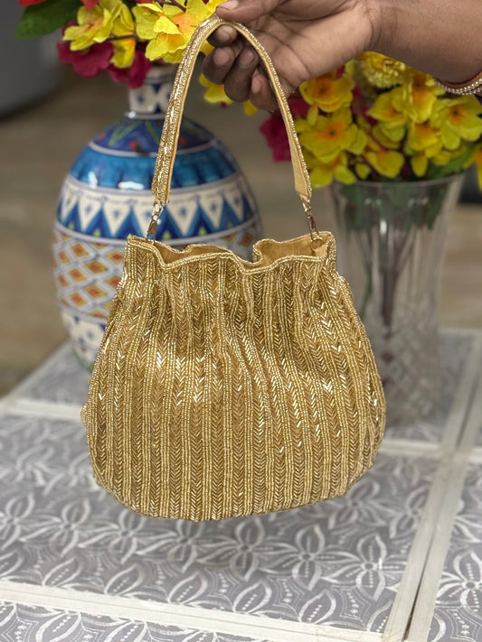 Silver & Gold Beaded Potli Bag with all over embroidery for Wedding | Handcrafted Evening Clutch
