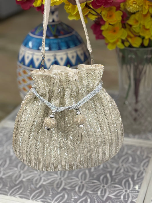 Silver & Gold Beaded Potli Bag with all over embroidery for Wedding | Handcrafted Evening Clutch