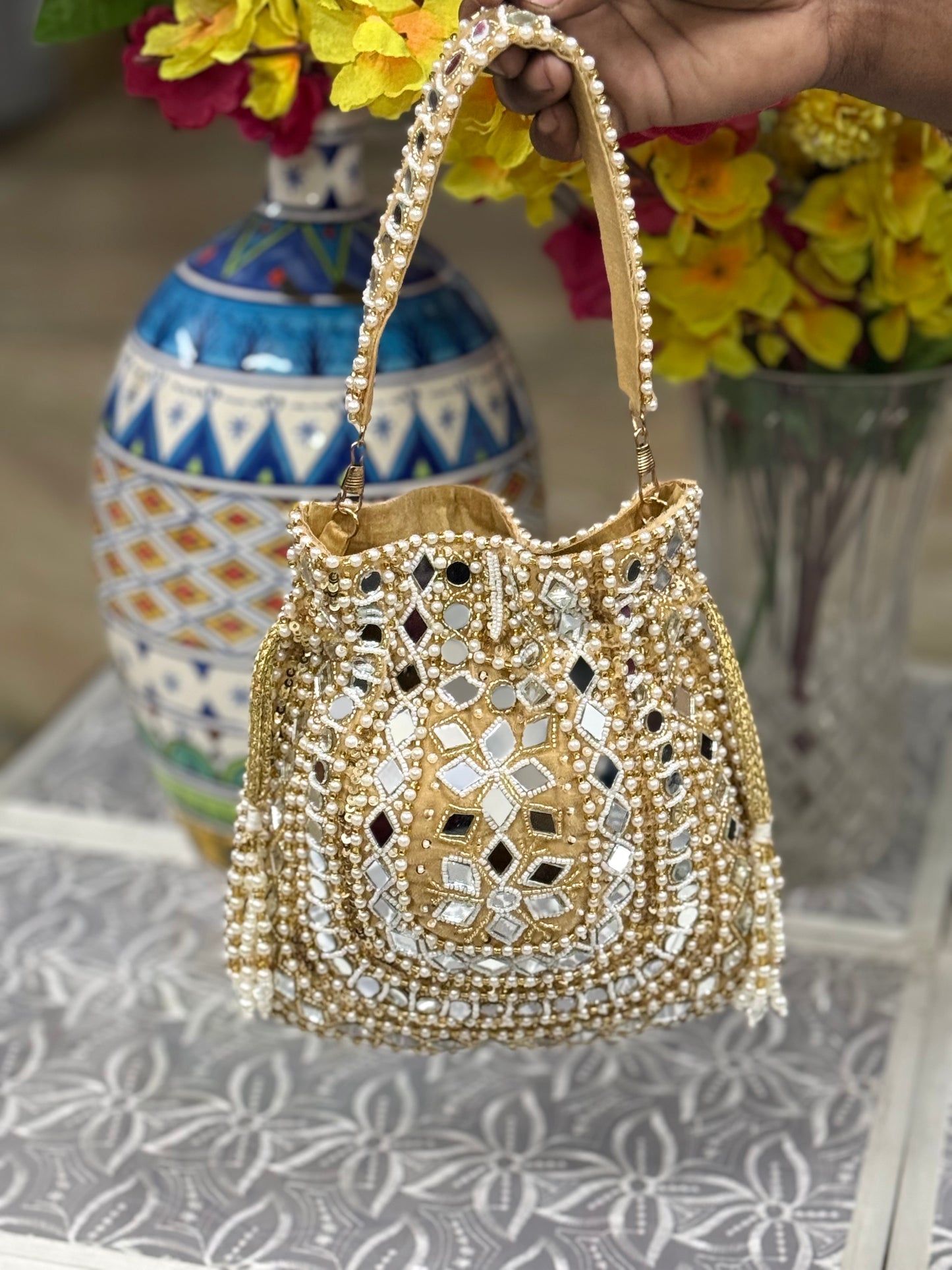 Gold Beaded Potli Bag with Mirror Work & Pearl Fringe | Handcrafted Wedding Clutch