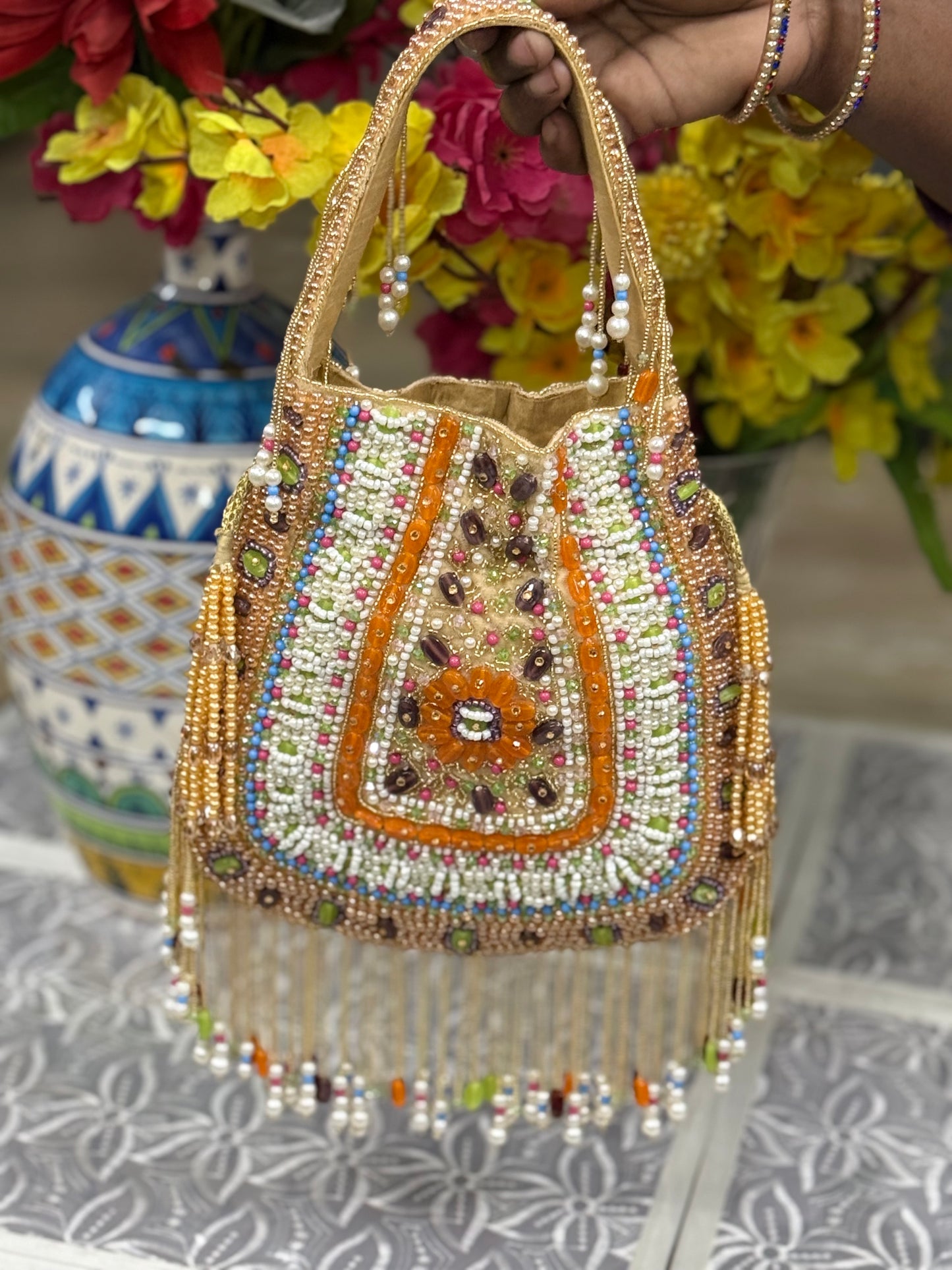 Gold & Multi-Color Beaded Potli Bag with Stone Work & Tassel Fringe | Handcrafted Wedding Clutch