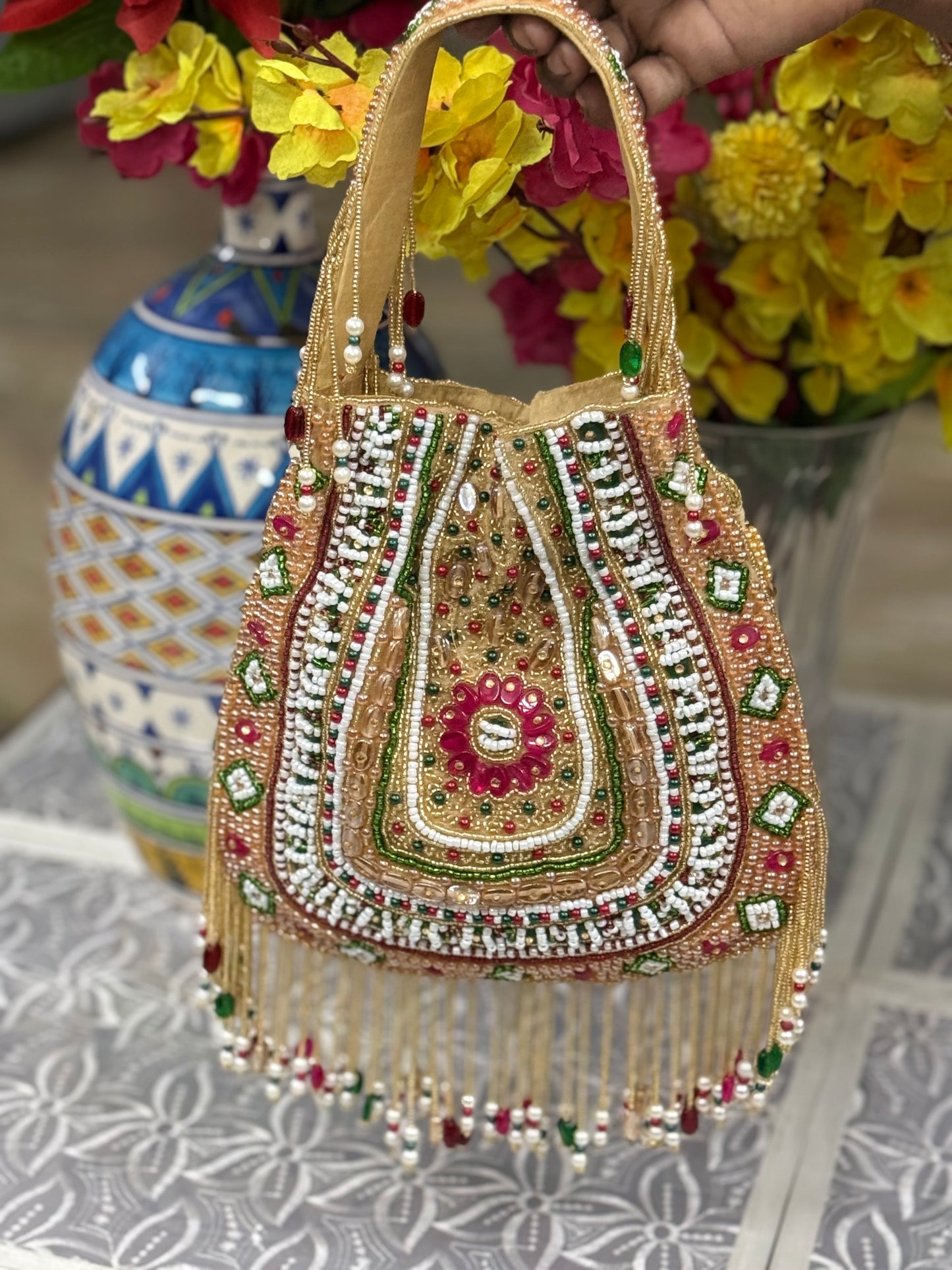 Multi-Color Embroidered Potli Bag with Beaded Handle & Tassel Details | Handcrafted Wedding Clutch