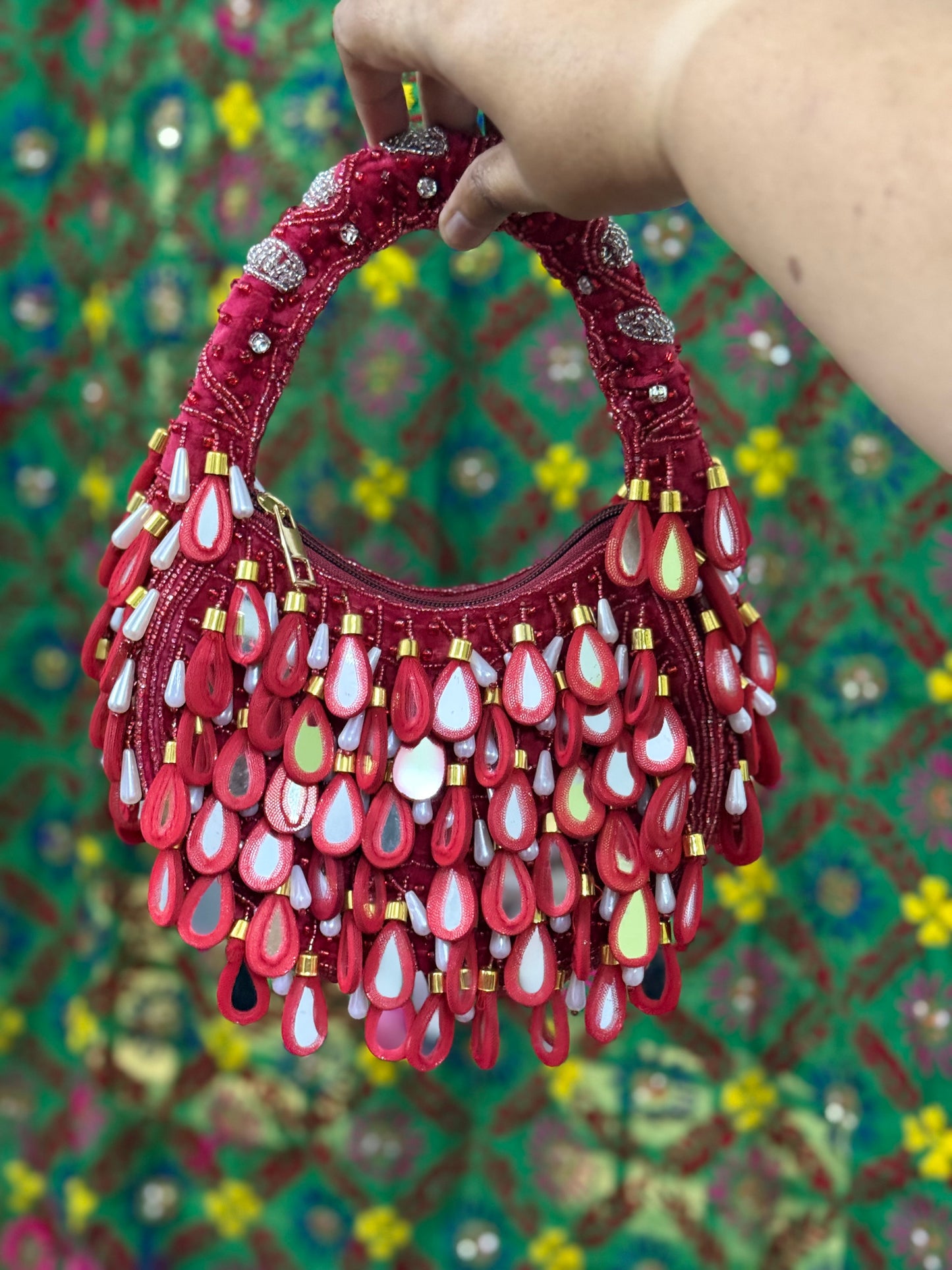 Crescent Mirror Work Hand Embroidered Clutch with Short Handle