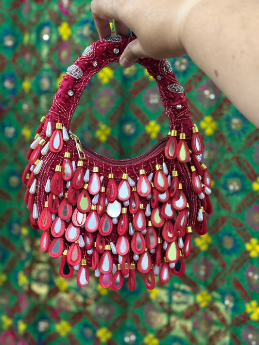 Crescent Mirror Work Hand Embroidered Clutch with Short Handle