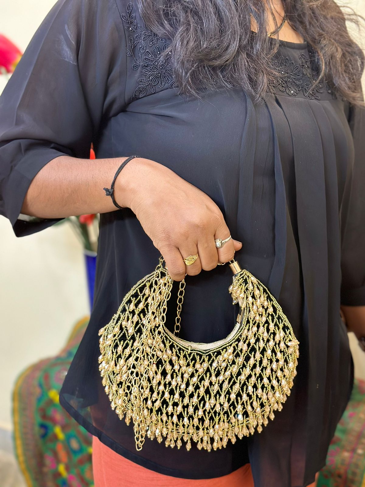 Cresent Shape heavy stone work clutch 5001