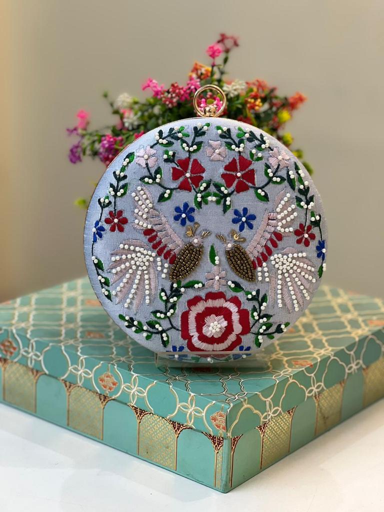 Hand Embroidered Round Clutch 5004