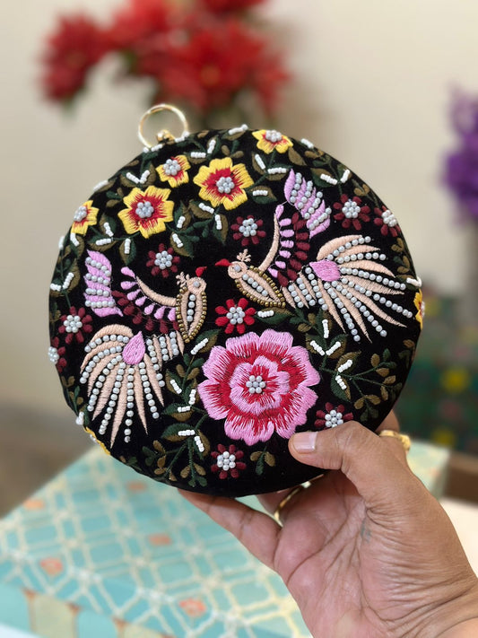 Hand Embroidered Round Clutch 5004