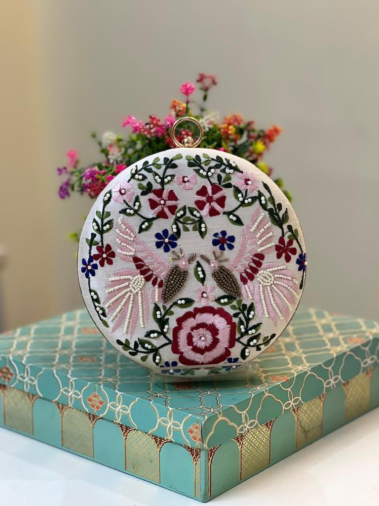 Hand Embroidered Round Clutch 5004