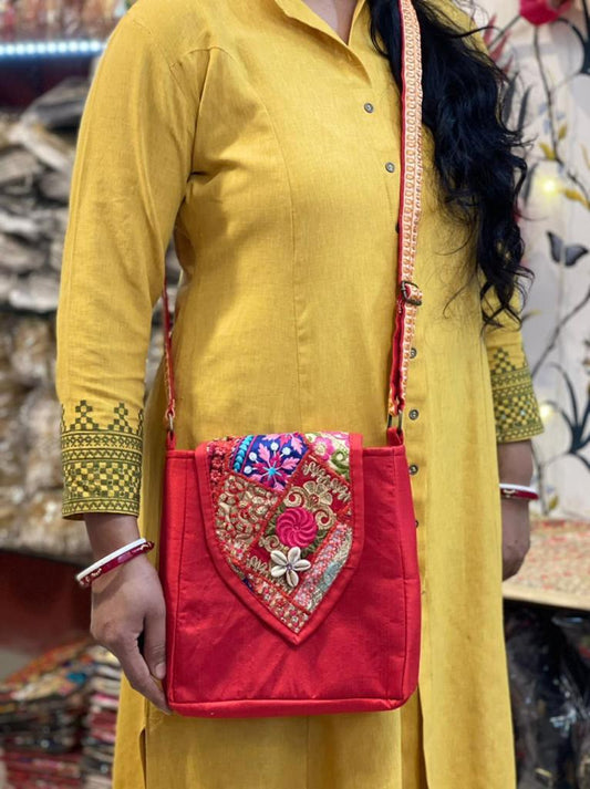 Banjara Patch Silk Sling Bag – colorful embroidered silk sling with tribal motifs from Perfect Cutt