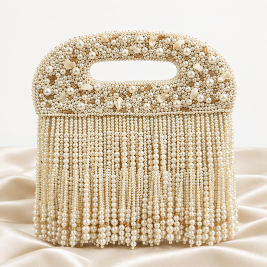AI illustration of Alaina Pearl Clutch front view, with ivory beadwork, cut-out handle and pearl fringe on cream fabric.